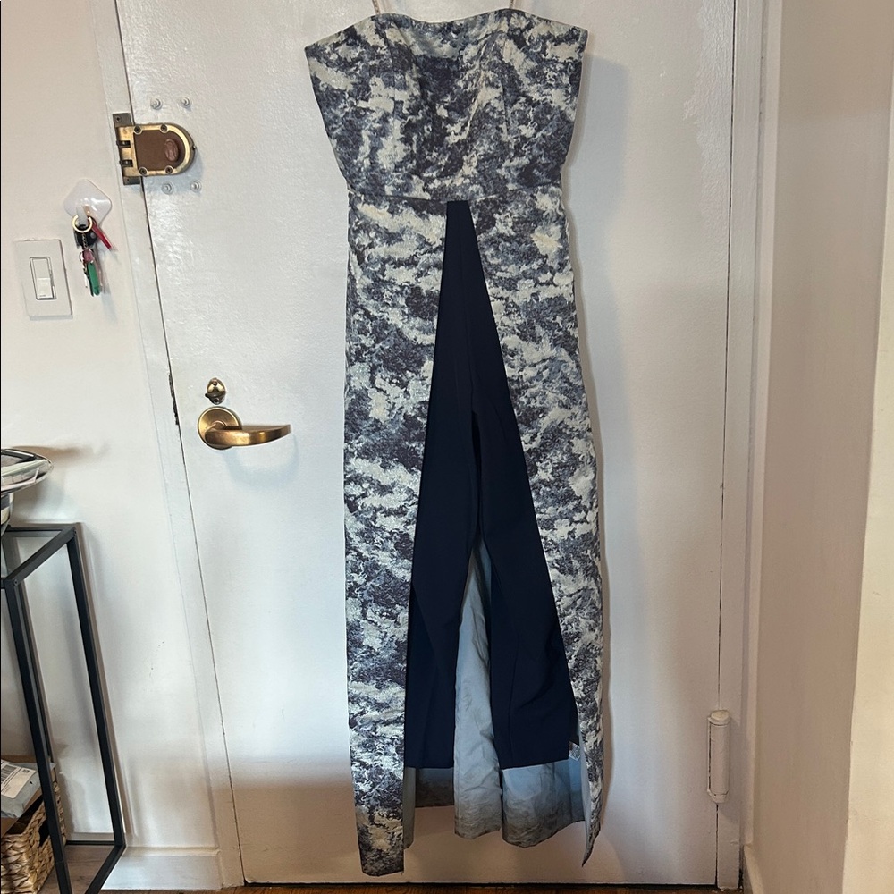 Strapless navy and light blue jumpsuit with sewn train overlay